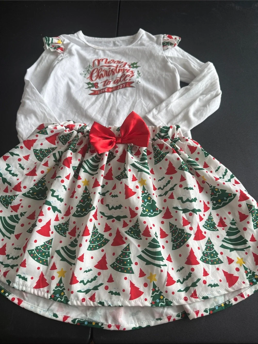Girls White Christmas Dress with Red & Green Tree Print